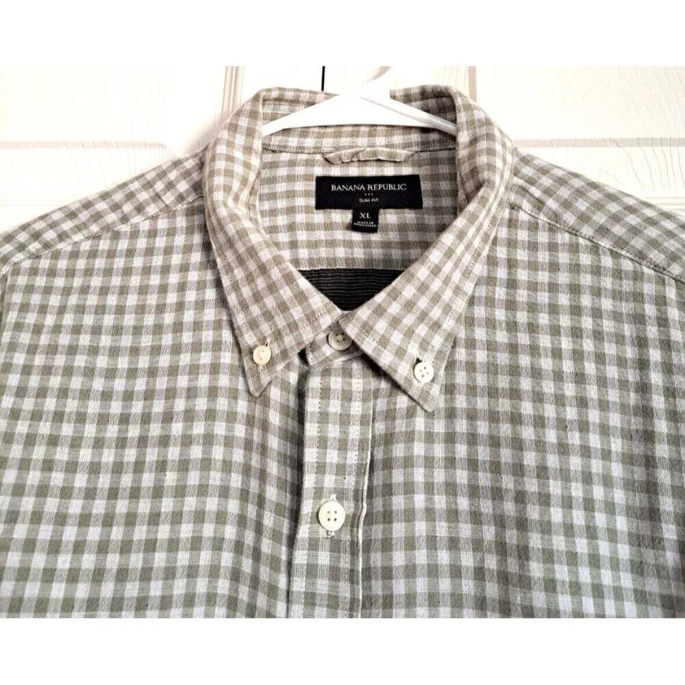 Banana Republic Men's Slim Fit XL Green Check Long Sleeve Button Down Shirt